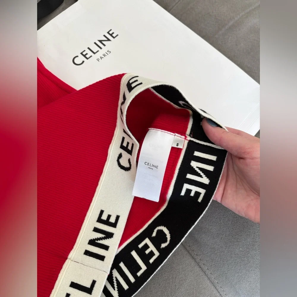 Celine Red Graphic Print Scoop Neck Crop Top Size S Logo Top - Picture 10 of 16